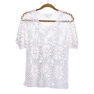 Westport 1962 Sz S White Crochet Loose Knit Short Sleeve Top Beachy Tropical EUC